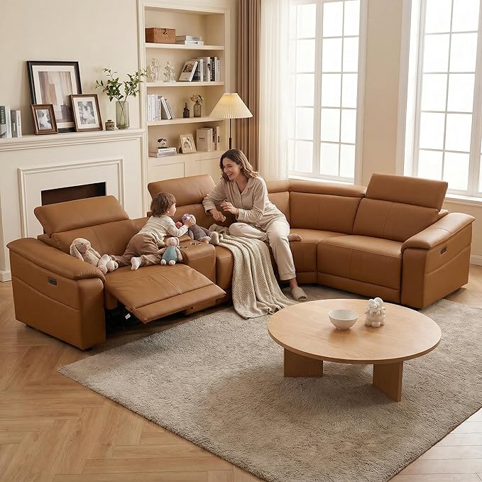 Power Recliner Sectional Sofa, L-Shaped Living Room Furniture Set, Leather