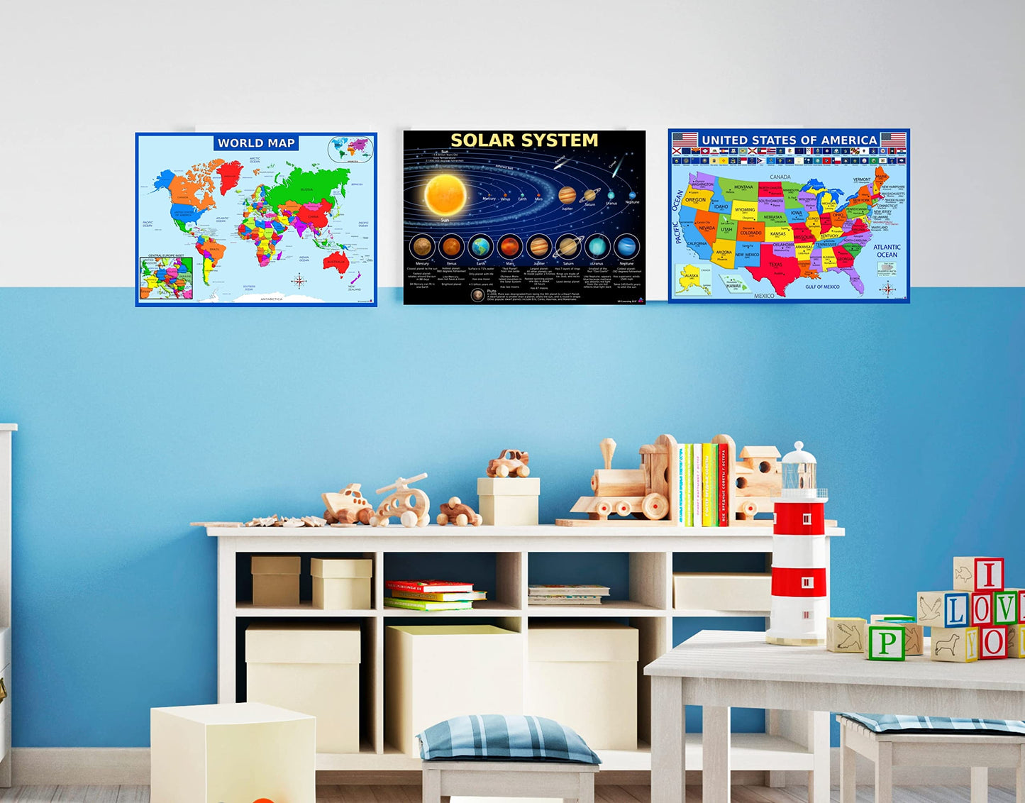 World Map, United States Map, and Solar System Poster with Extra Features – Laminated 14x19.5 in – Educational Posters, Classroom Decorations, Teachers Supplies, Virtual Learning for Kids, Homeschool Decor