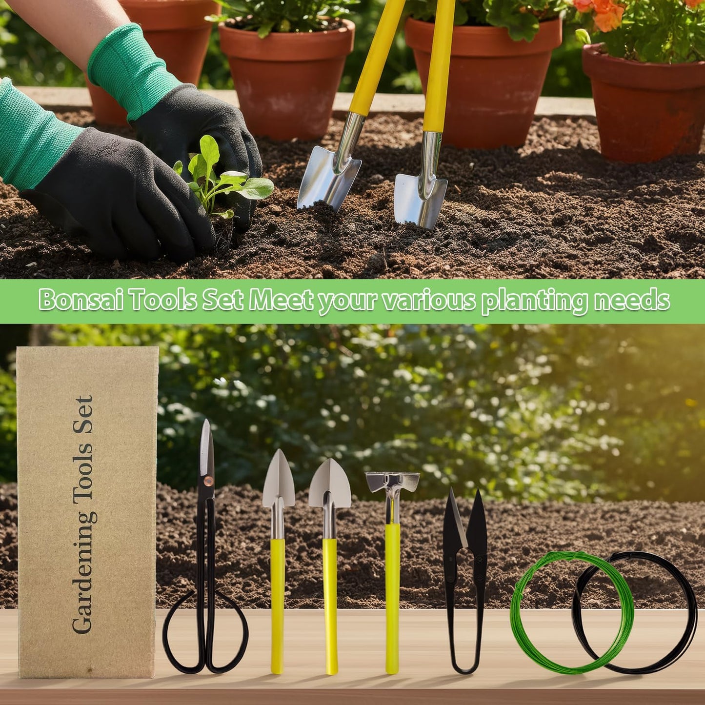 Bonsai Tools Set 7Pcs, MOSFiATA Bonsai Tree Tools Kit Succulent Trimming Tools Include Scissors, Cutters, Rake, Round and Pointed Shovel &Training Wire for Bonsai Beginner Gardening Gifts
