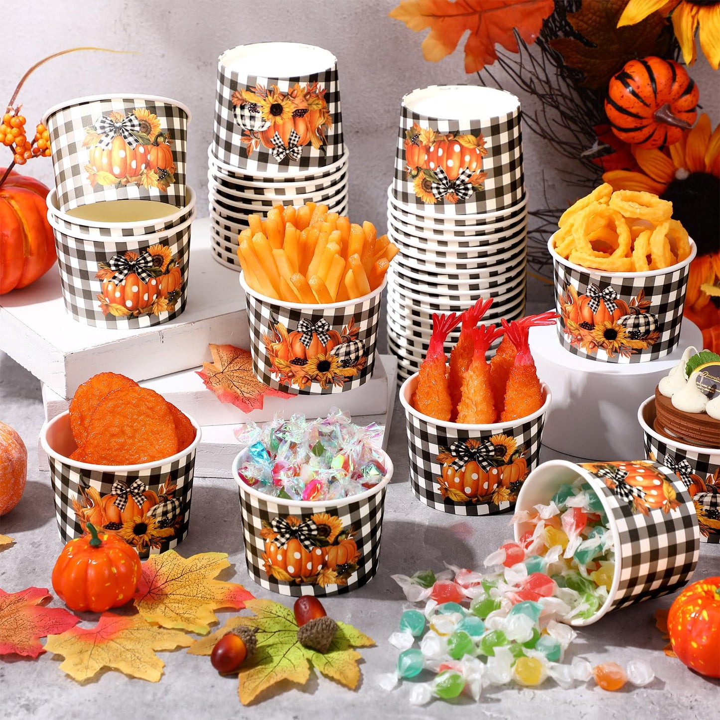 Sabary 60 Pieces 9 oz Fall Disposable Paper Bowls Thanksgiving Treat Snack Cups Pumpkin Paper Candy Dessert Bowls Buffalo Plaid Soup Cups Harvest Thanksgiving Party Supplies for Hot Cold Food