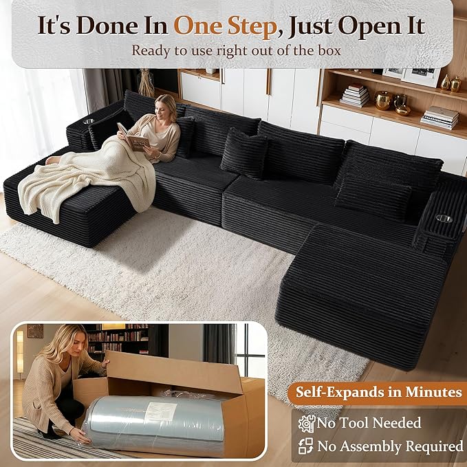 138" Cloud Sectional Couch, Comfort U Shaped Boneless Couch