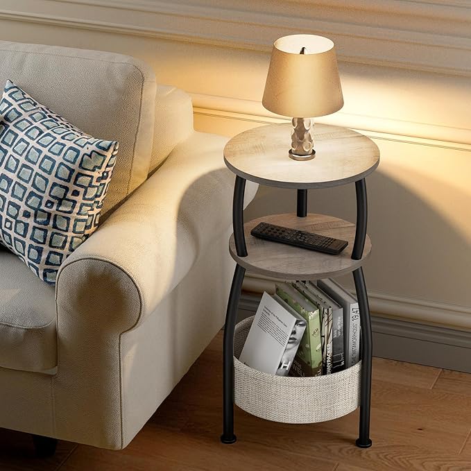 Round Side Table with Storage Basket –Small Space Saving End Table 3-Tier