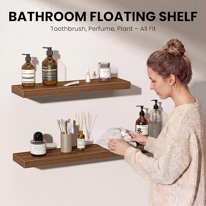 Fun Memories Floating Shelves for Wall, 48 Inch Long Set of 2 Rustic Wood Wall