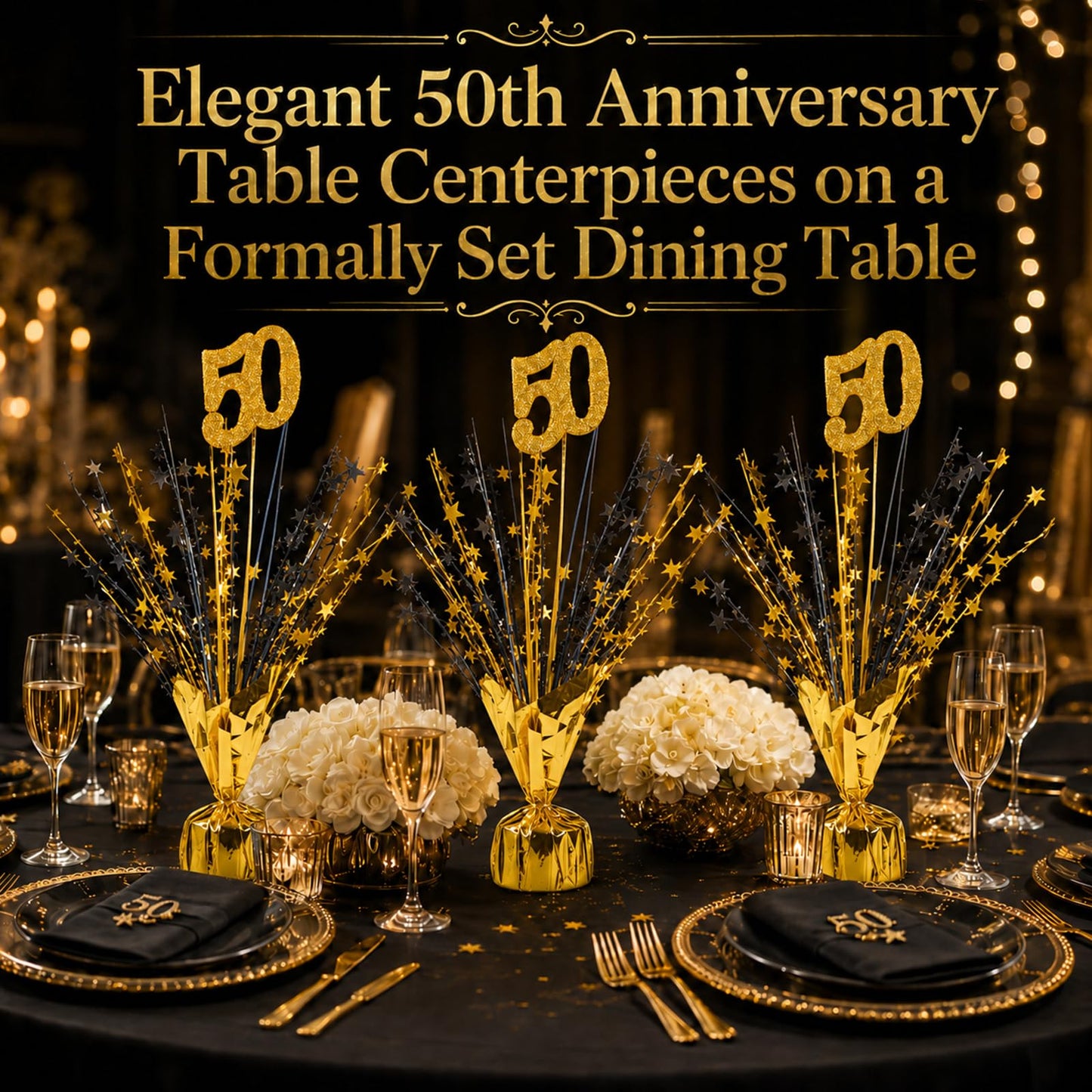 APUDWN 6 Pcs 50th Black and Gold Birthday Table Decorations Metallic Foil Spray Table Centerpiece Black Gold Number Star Burst Centerpiece for Birthday Wedding Anniversary Reunion Party Decor
