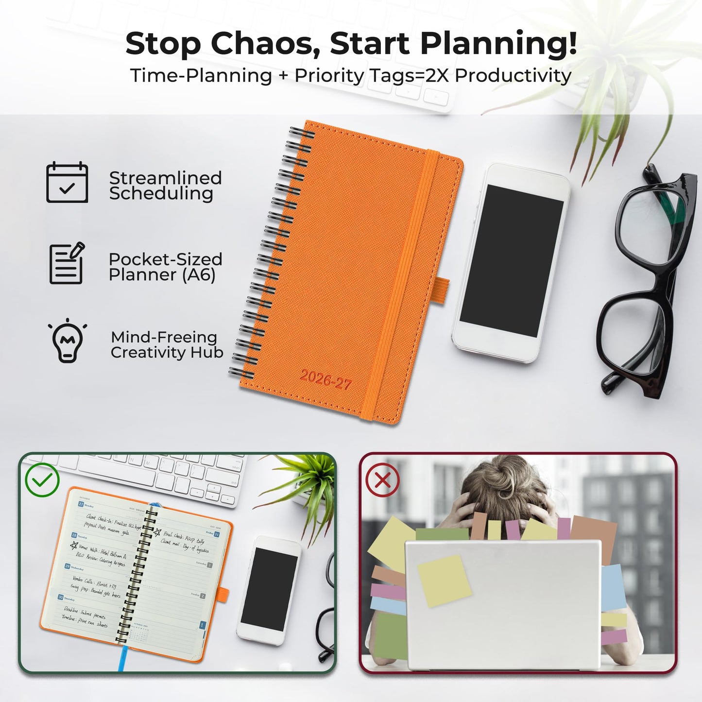 IN-LUXPRO Planner 2026-2027 Daily Weekly and Monthly,6.5"x3.75",18 Months Spiral Bound Calendar Agenda with Self-adhesive Pen Holder,2026 Academic Plan with Vegan Leather Soft Cover,Orange