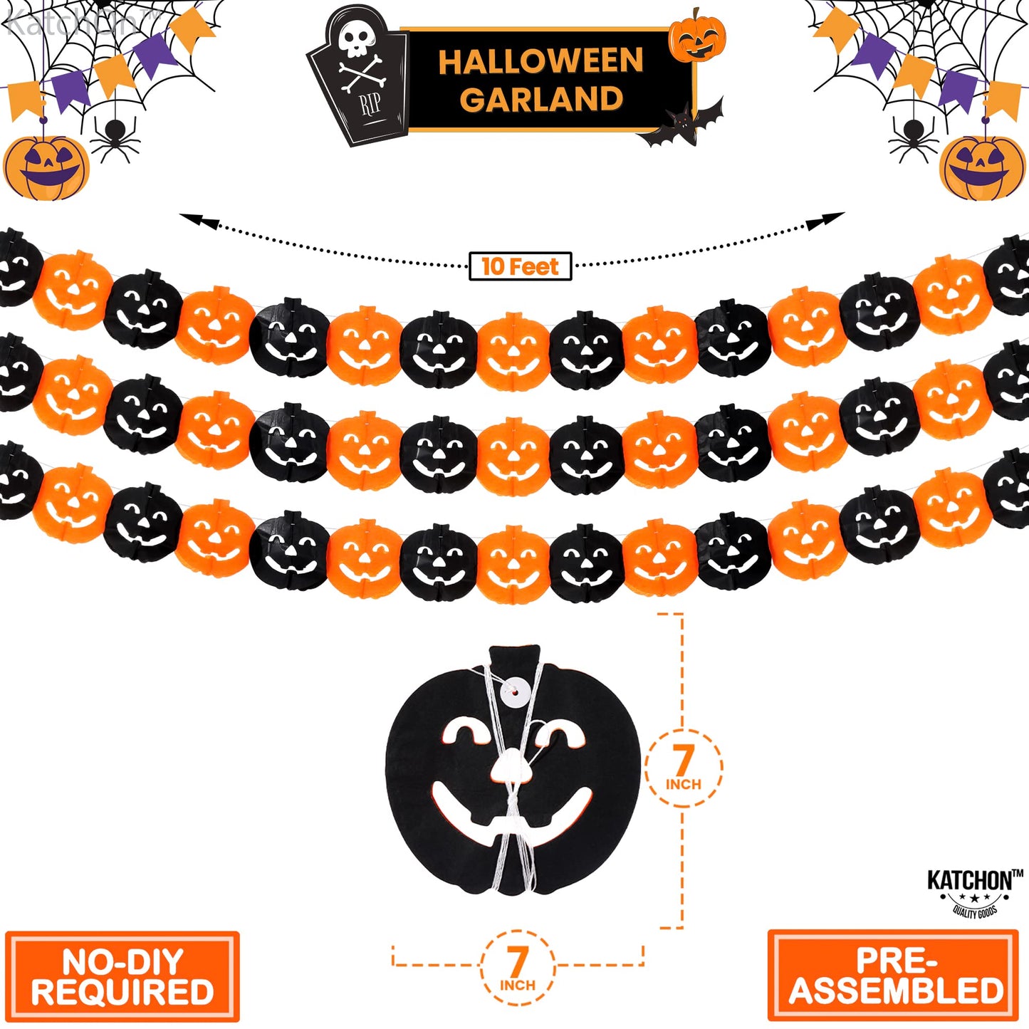 KatchOn, Long Pumpkin Halloween Garland - 10 Feet, 3 Strings, No DIY | Black and Orange Pumpkin Garland for Halloween Party Decorations