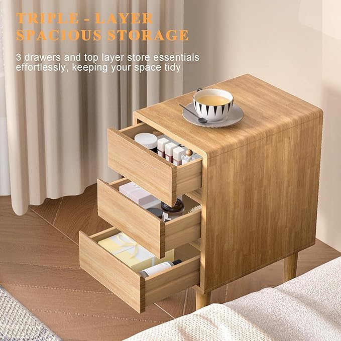Nightstand with 3 Drawers Narrow Night Stand Solid Wood Bedside Table Mid