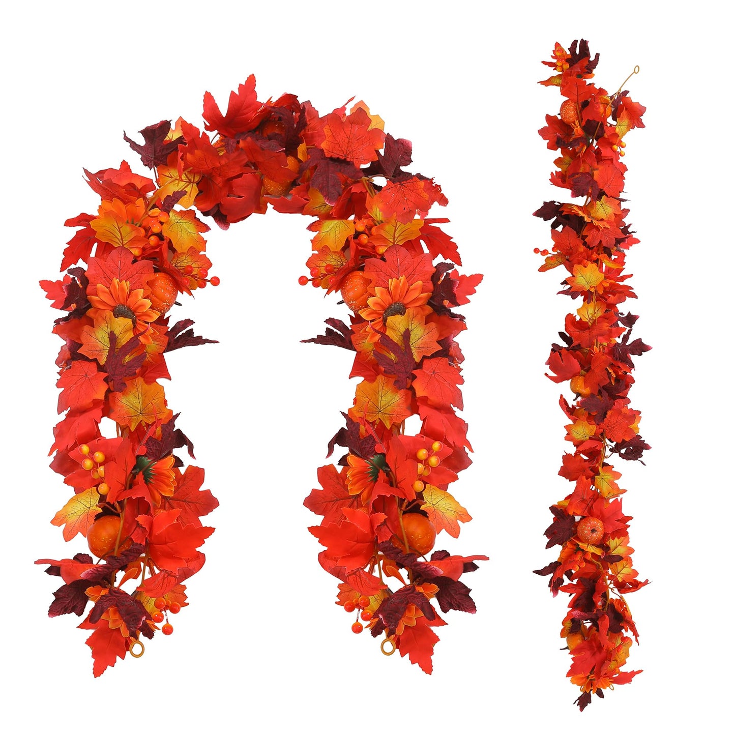 Artificial Fall Garland with Maple Leaves, Pumpkins & Berries – 7Fft Orange Autumn Garland for Thanksgiving, Fireplace Mantel, Doorway & Fall Harvest Table Decor