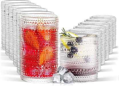 Hobnail Drinking Glasses Set of 12, 11.8 oz Vintage Glasses Drinking Set & 10 oz Cocktail Glasses Set, Embossed Glass Cups for Kitchen, Beer, Juice, Cocktail, Whiskey, Milk