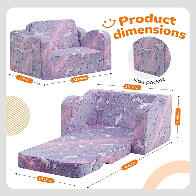 MeMoreCool Glowing Lavender Unicorn Kids Chair, 2-in-1 Convertible Kids Couch