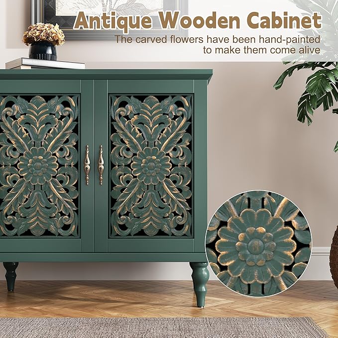 ARTPOWER Accent Cabinet with 2 Doors, Vintage Carved Wood Storage Cabinet