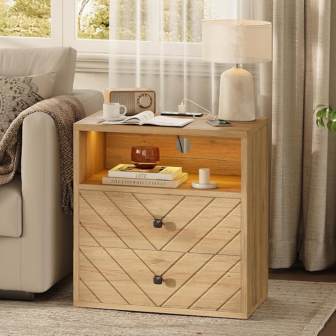 Modern Nightstand with Charging Station, LED Bedside Table with 2 Storage