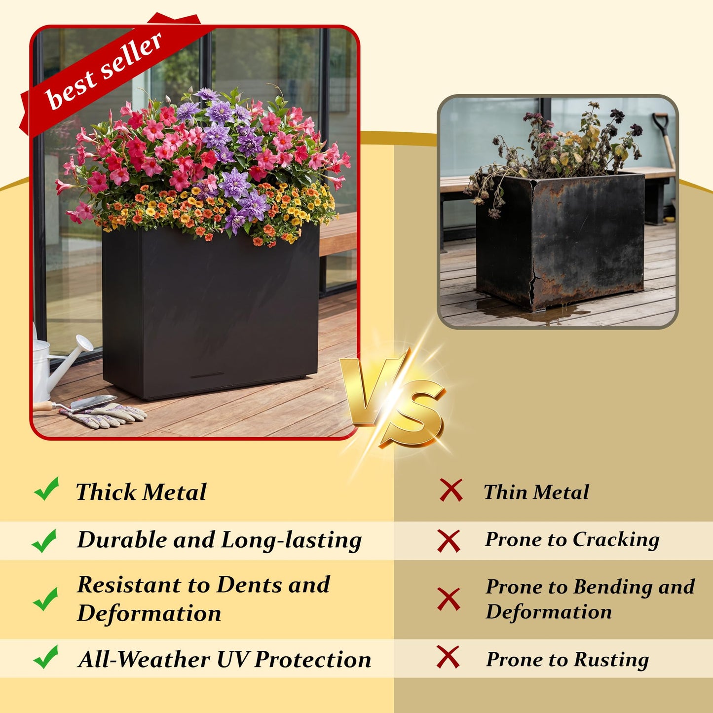 38"X13" X 30" Outdoor Planter Block Tall Rectangular Skinmy, Black Metal Patio Planters for Privacy Screen Planter Box Front Porch Adjustable with Drainage Holes & Rust-Proof Coatin (Black, 1)