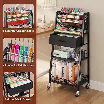 Homsorout 3 Tier Rolling Cart - Metal Utility Cart with Storage Drawer and Wheels, Versatile Art & Craft Organizer for Home, Office, or Studio - Ideal for Storing Brushes, Paints, and Supplies（Black）