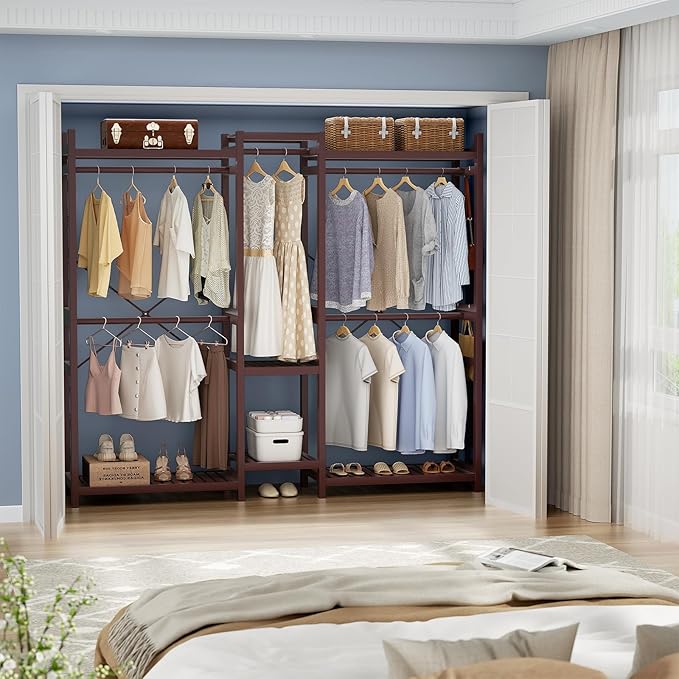 Homykic Bamboo Closet System Clothes Rack, Large Freestanding Garment Rack