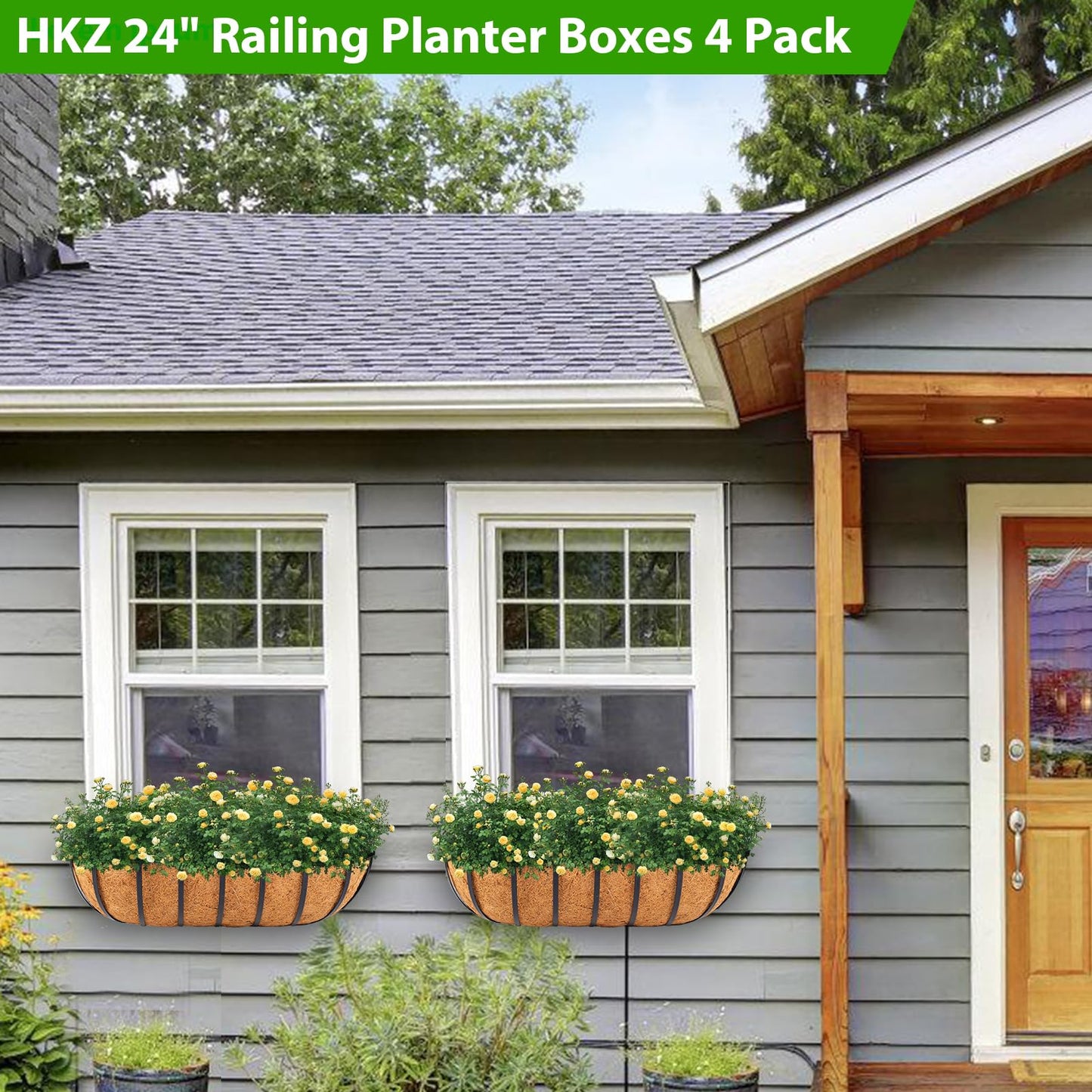 HKZ Deck Balcony Railing Planter Window Boxes - 4 Pack 24 Inch Planter Box, Balcony Planters Railing Hanging, Window Boxes Outdoor Fence Planters