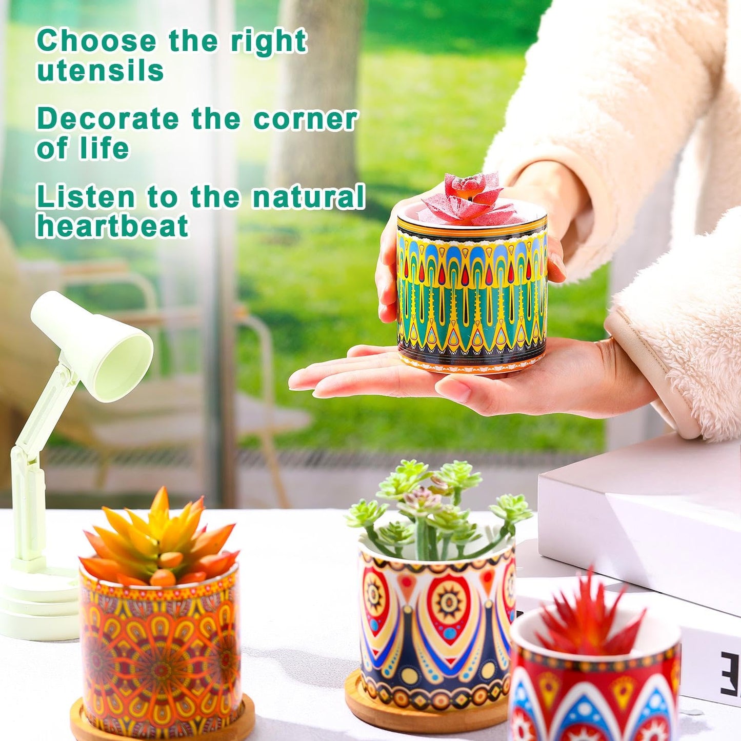 Zopeal 8 Pcs 3 Inch Succulent Planter Pot Ceramic Cactus Pots with Drainage Holes and Bamboo Trays for Indoor Plants Flowers for Home Garden Mexican Party Decor