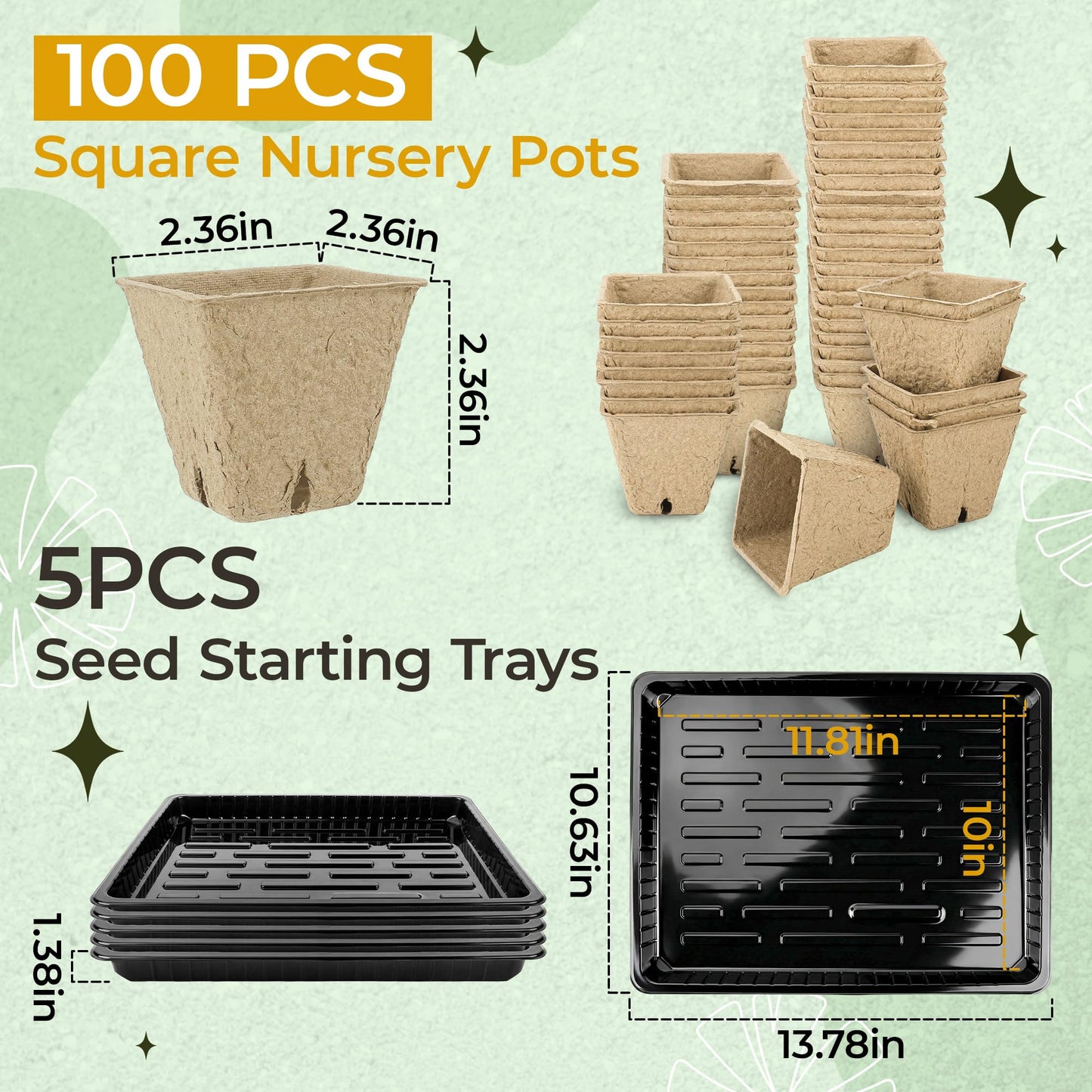 Verdanzia 100 Pcs Square Nursery Pots, 5 Pcs Seed Starter Tray, 2.6 inch Nursery Pots with Tray, Plastic Starter Pots for Planting Seeds, Reusable Seed Starting Pots with Drainage Holes (Kraft Paper)