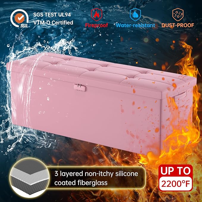 DocSafe Storage Ottoman Bench, Fireproof＆Waterproof Folding Bench
