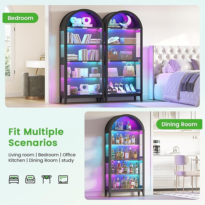 HNEBC Arched Display Case with RGB Lights, LED Curio Cabinet with Shelf