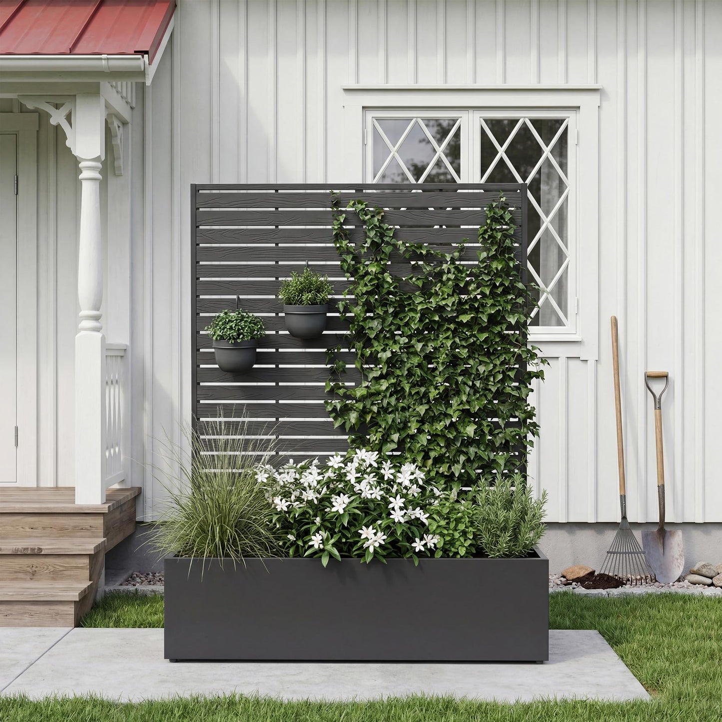 seethmi Metal Raised Garden Bed with HDPE Trellis, 45"x16"x59" Planter Box for Vegetables & Climbing Plants, Outdoor HDPE Privacy Screen Planter with Drainage Holes for Patio, Backyard, Garden