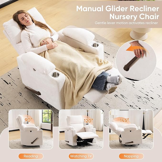 Swivel Rocker Recliner with Adjustable Armrests, Rocking Nursery Chair with