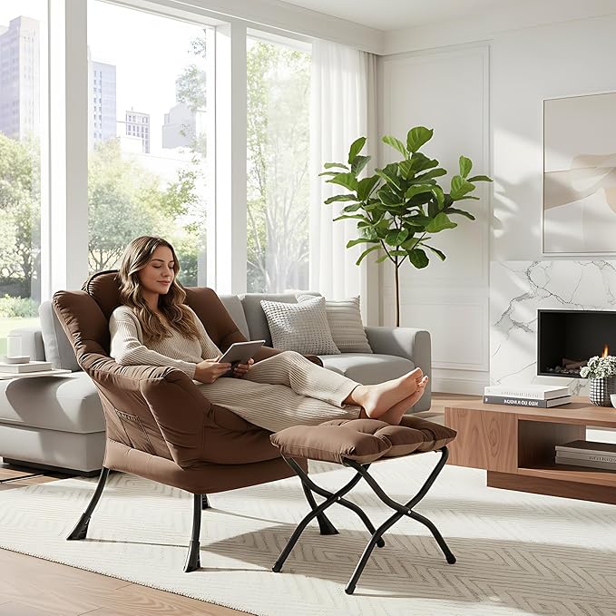 MBOOYOME Lazy Chair with Folding Ottoman, Modern Accent Armchair with Armrests