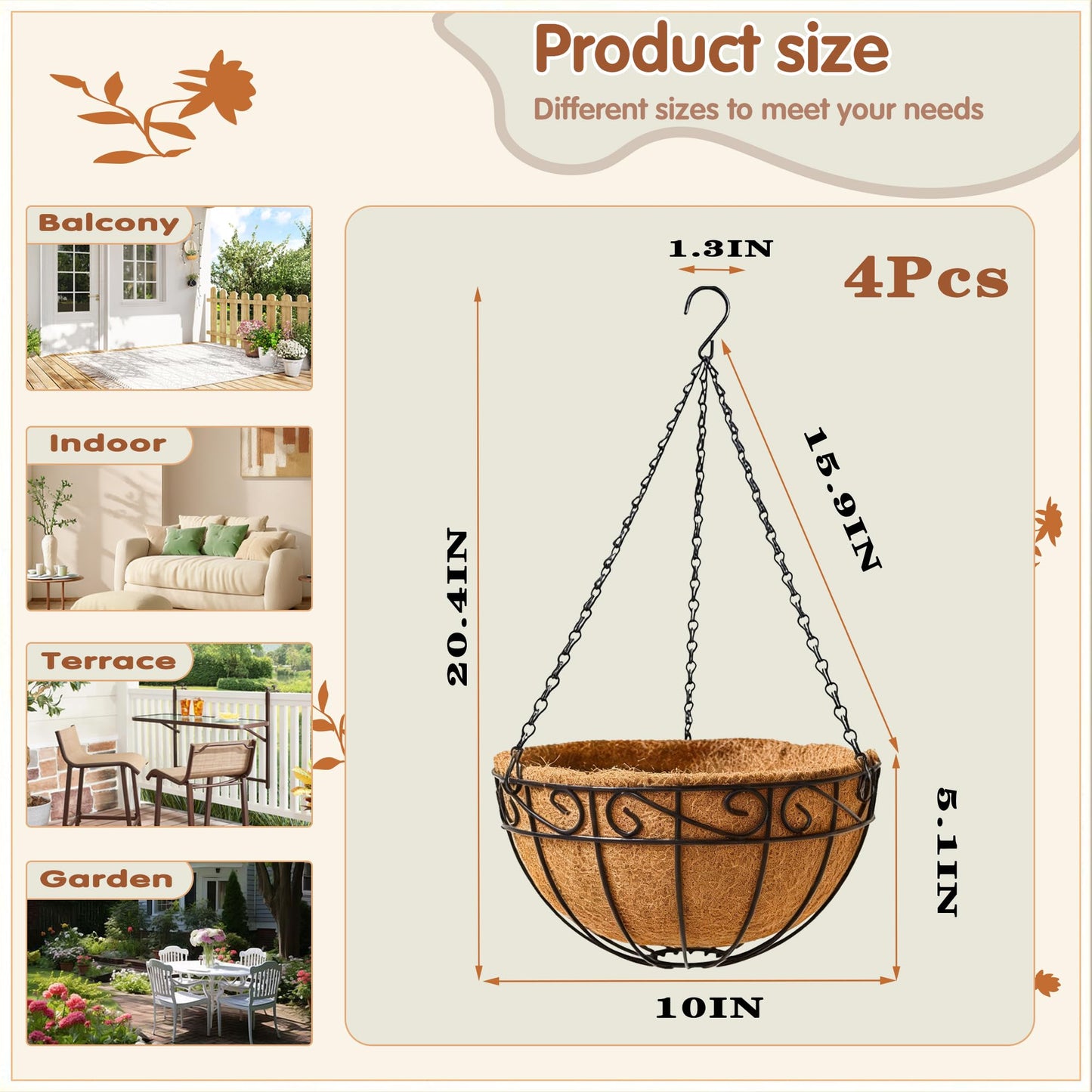 10 inch Metal Hanging Baskets For Plants Outdoor 4 Pack Round Metal Wire Hanging Basket Planter with Coco Fiber Liners Chain Round Wire Plant Holder for Garden, Patio, Deck, Porch Plants Flower Potsss