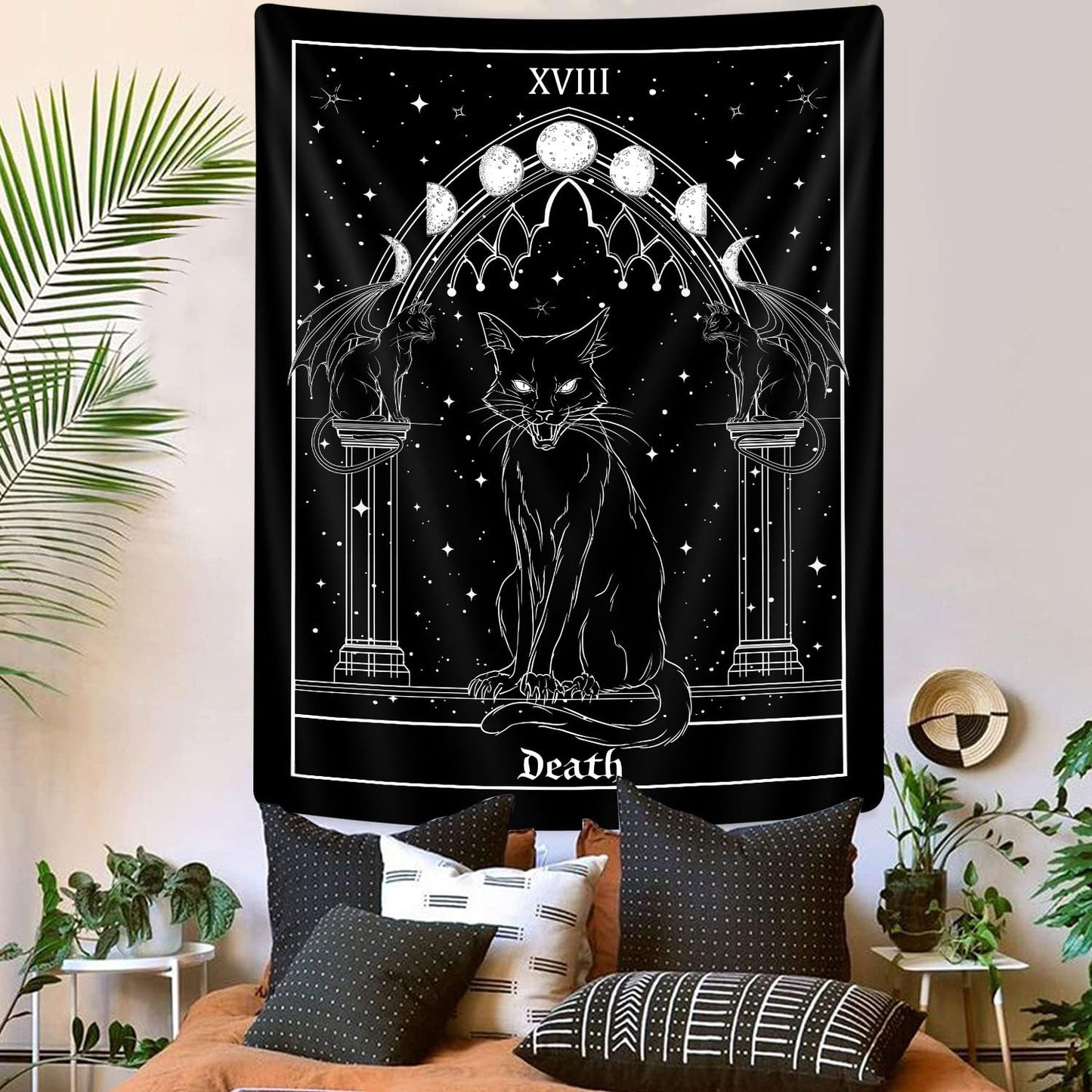 Goth Black Cat Tapestry, Gothic Tarot Witch Vertical Wall Hanging For Men, Black And White Aesthetic Anime Witchcraft Art For Bedroom Living Room Poster, 40X60Inch