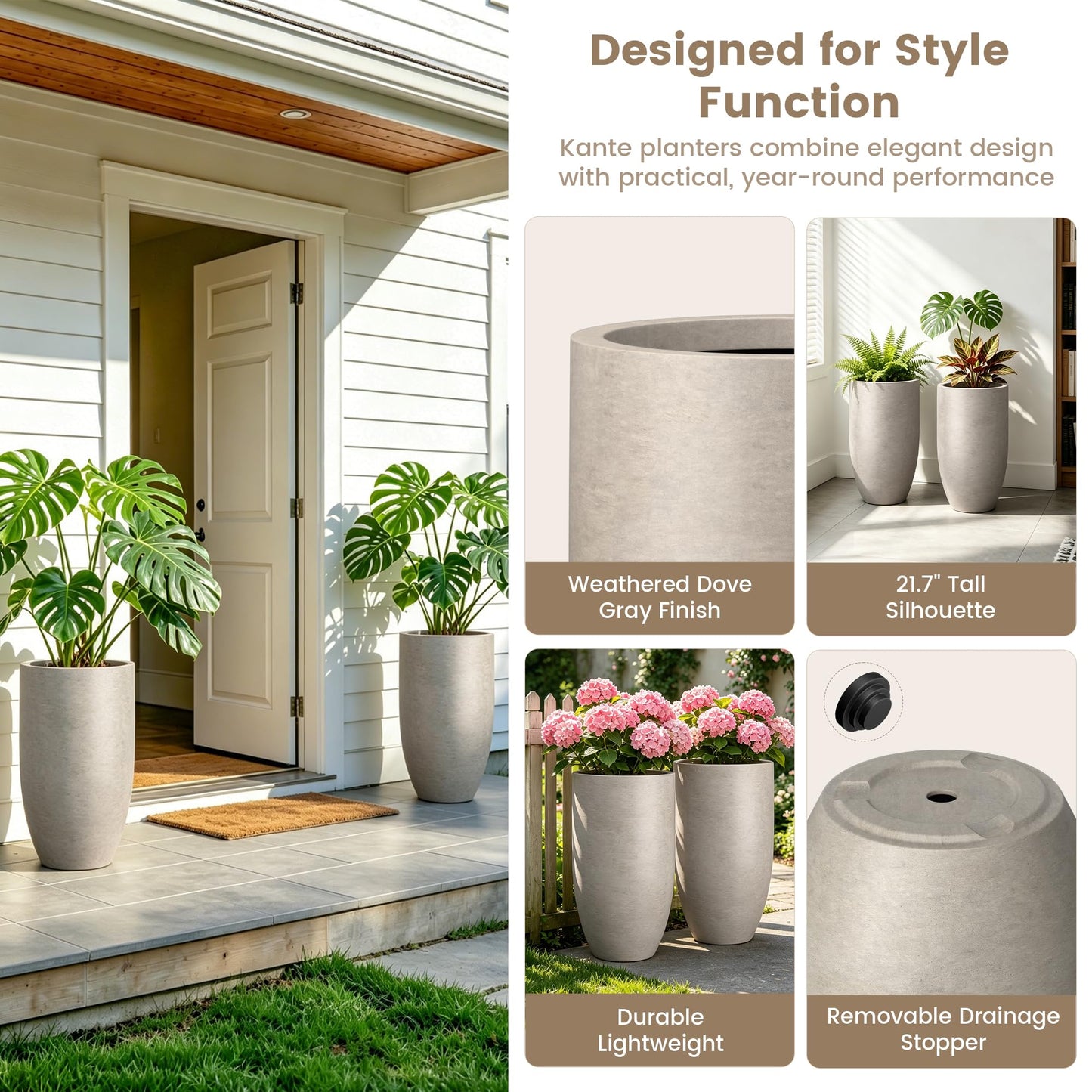 Kante 24" Tall Round Concrete Planter, 2 Pack Large Oval Plant Pots with Drainage Hole & Rubber Plug, Lightweight Weathered Concrete for Home Decor, Symmetrical Gift for Living Room Patio