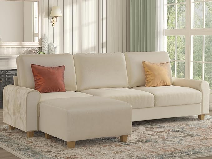 EASE MOOSE Large Seat Velvet L-Shaped Sofa, Soft 4 Seat Couch