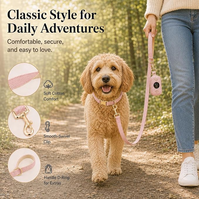 Herringbone Tweed Dog Collar and Leash Set for Medium Dogs, Pink | Snag-free, no-rub design. Soft breathable cotton, gentle on fur. Adjustable durable matching combo for walks & outdoors.