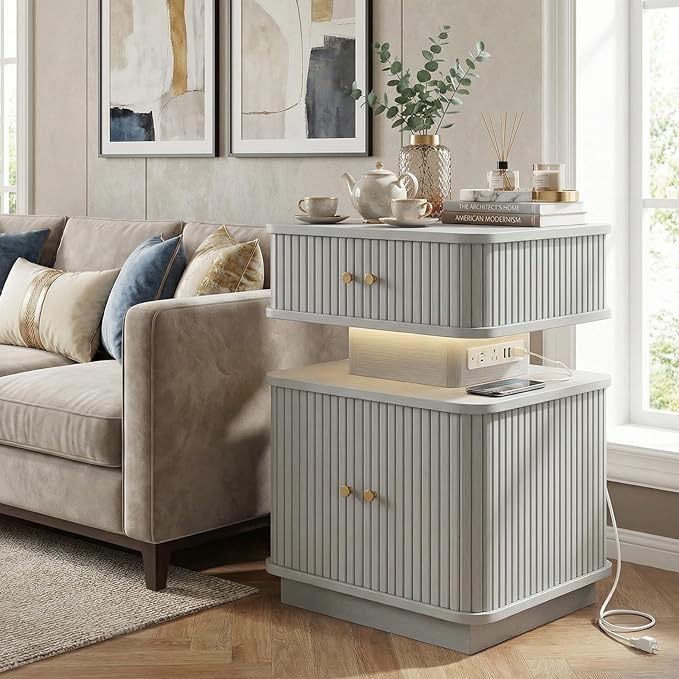 Nightstand with Charging Station, Modern Night Stand with Smart Led Light and 2
