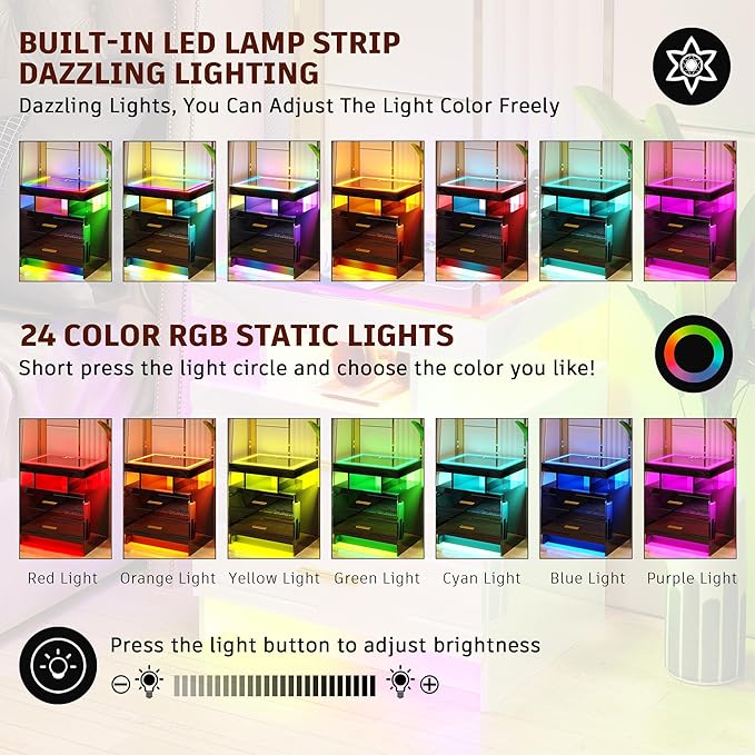 WOOVIVS Nightstand with 24 Colorful Lighst, LED Night Stand with