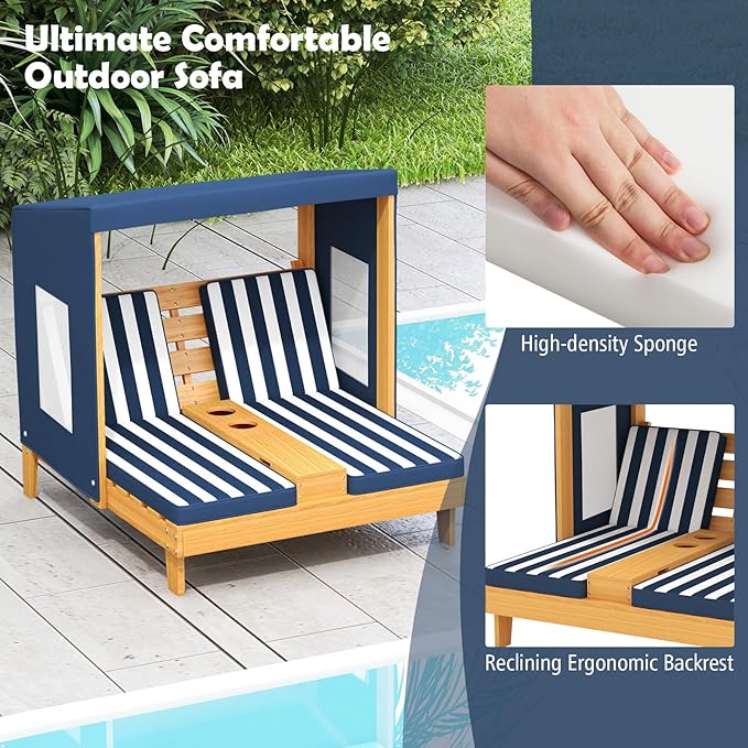 HONEY JOY Kids Chaise Lounge Chair Outdoor, Toddler Wood Double Pool Lounger