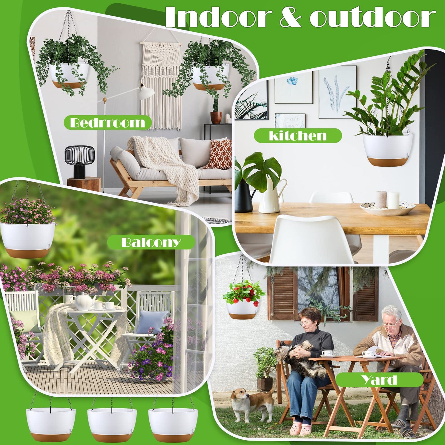 Remerry 6 Pcs 10 Inch Hanging Planter Hanging Plant Pot Plastic Round Hang Baskets for Plants Indoor Flower Pot with Drainage Holes Removable Trays for Garden Home Patio(White)