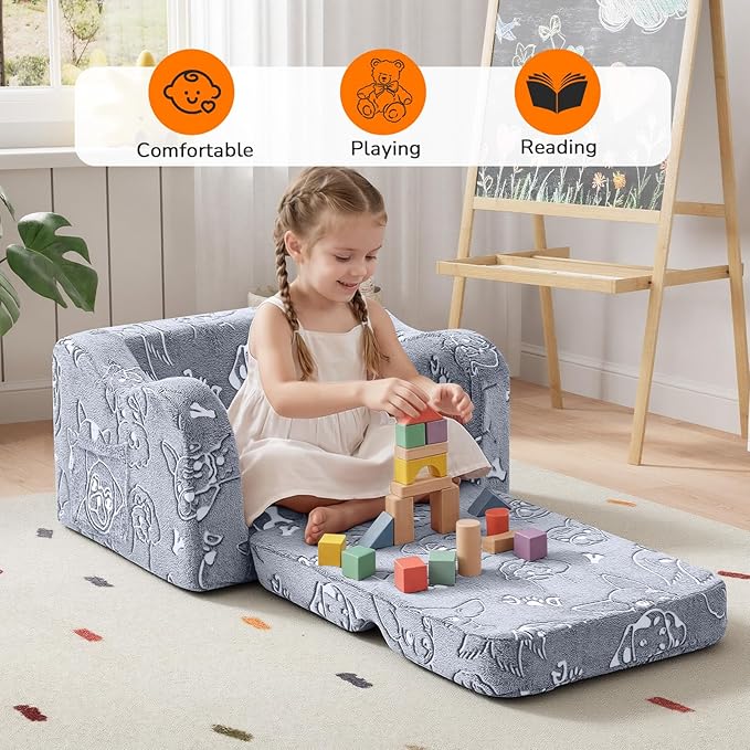 MeMoreCool Glowing Dog Print Kids Chair, 2-in-1 Foldable Kids Couch