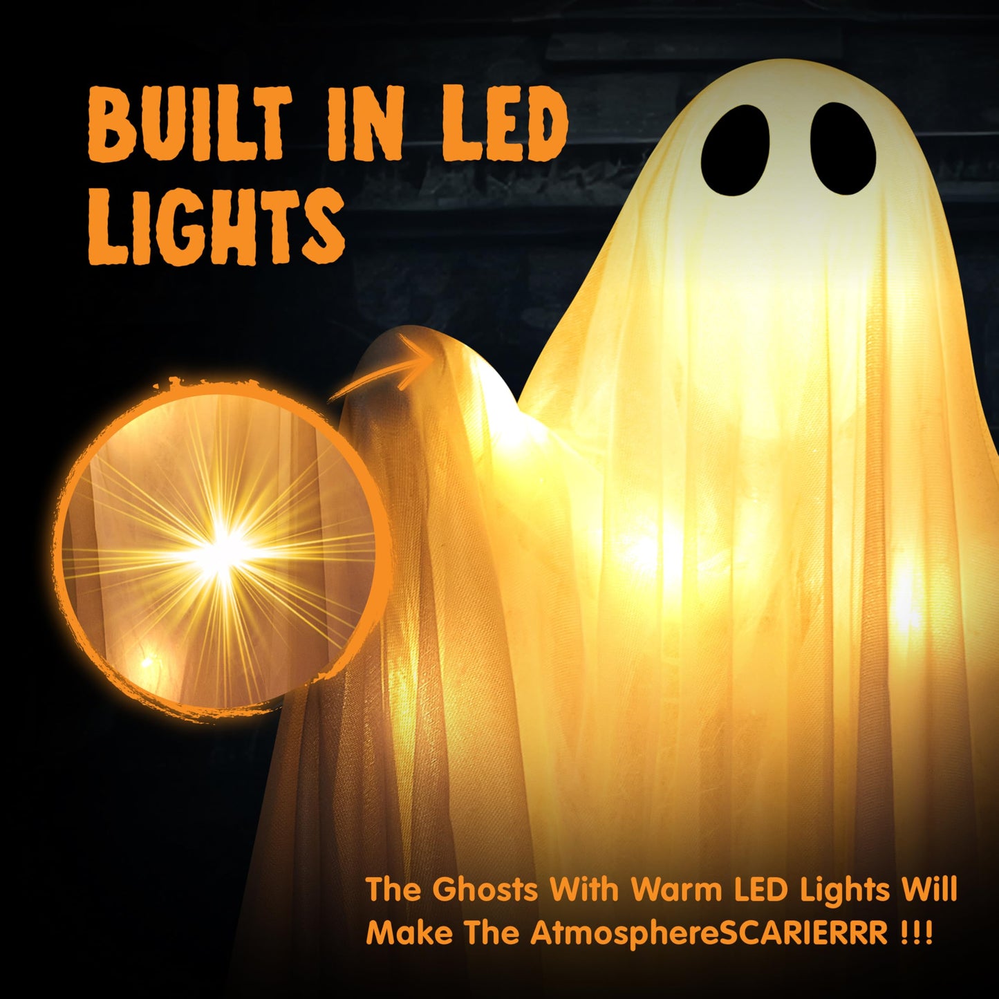 JOYIN 2 Pcs 47” Halloween Light up Hanging Ghost Decorations Outdoor, Halloween Flying Hanging Ghosts with Warm LED Lights and Timer for Haunted House Prop Front Yard Patio Party Decor Indoor Outdoor