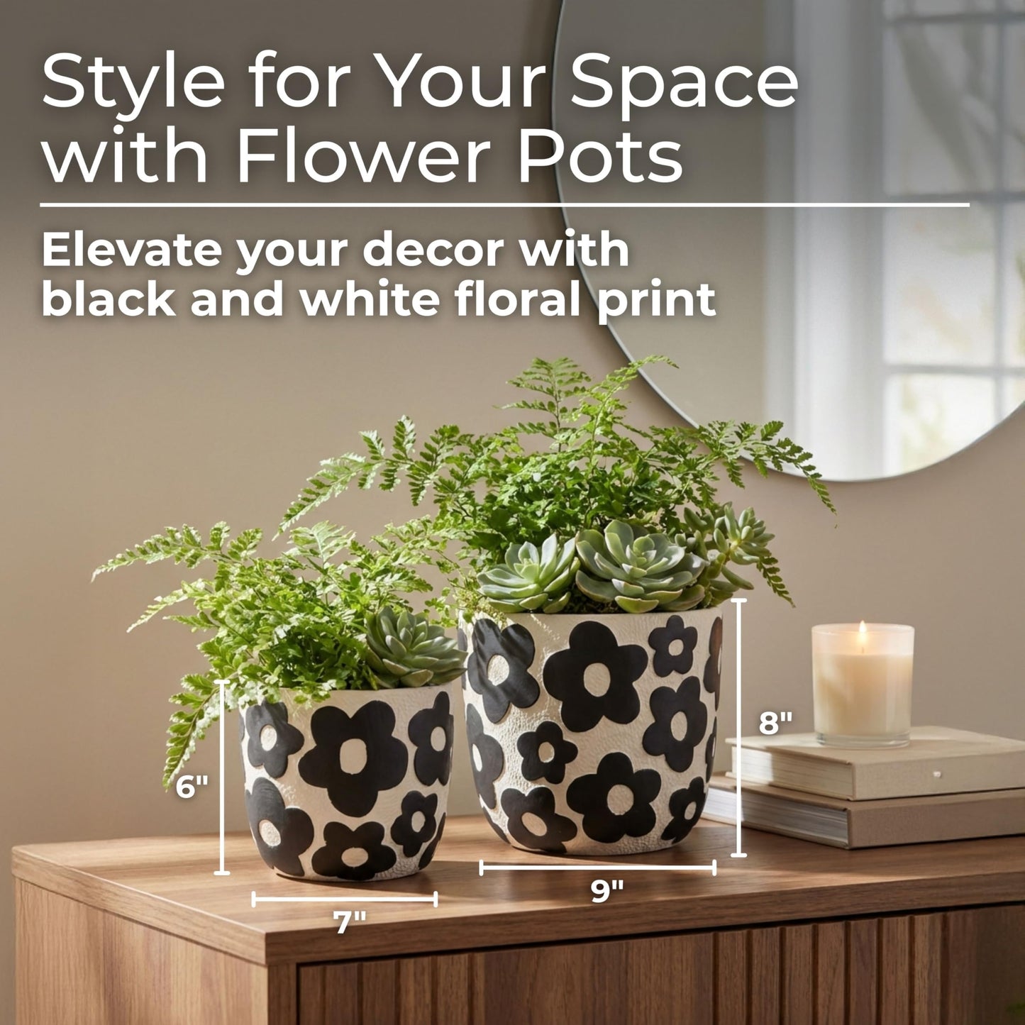 Set of 2 Pottery Cement Planters – Versatile Plant Holders for Greenery and Styling, Flower Pots for Living Room, or Patio – Bold Floral Pattern, Modern Graphic Look, Home Decor – 6" & 8", Black
