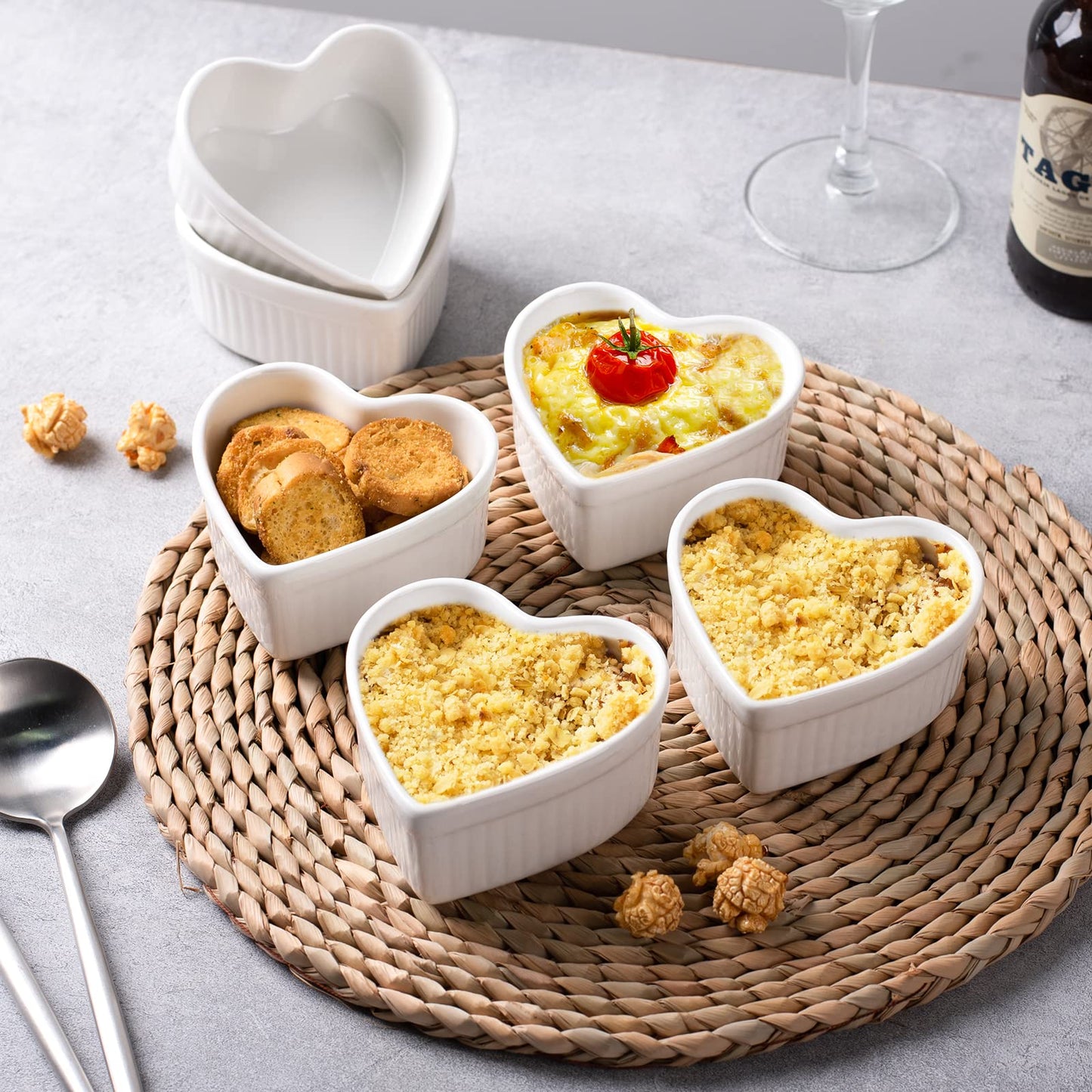 DELLING Heart Shaped Ramekins 6 Oz Oven Safe Set of 6, Porcelain Creme Brulee Dishes - Small Baking Bowls for Souffle Dessert Snack Quiche, Valentines Day Gift, White