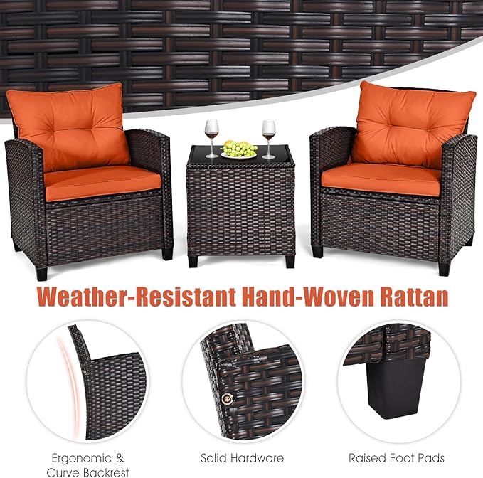 HAPPYGRILL 3 Pieces Patio Conversation Set, Outdoor Furniture Set PE Rattan