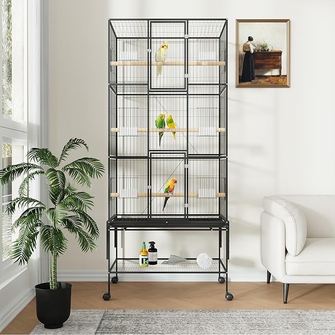 69" H Large Bird Cage, Bird Cage with 3-Tier Platforms, Ladders, Perches, Feeder, Wide Birdcage for Parakeets, Conures, Lovebirds, Quaker, Cockatiels, Budgie, Black
