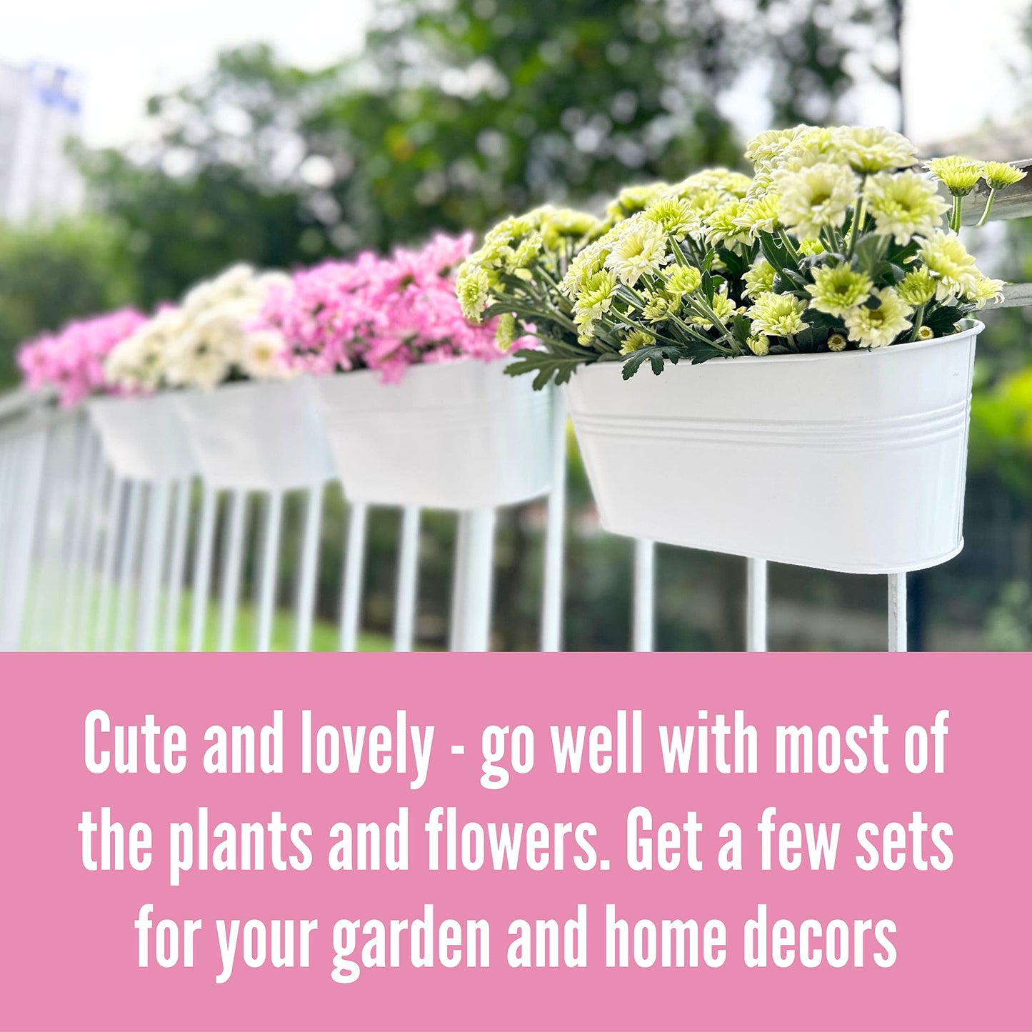 LaLaGreen Outdoor Rail Planter (6 Pack, 9.8 Inch) Small and Cute White Metal Iron Hanging Flower Pots Deck Railings Fence Buckets Countryside Style Wall Mount Window Box Plant Holder Hooks Porch Decor