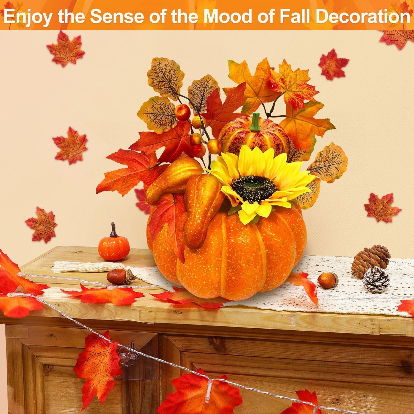 [Timer & Prelit] Thanksgiving Decorations Pumpkin Decor, Artificial Fake Pumpkin with Maples Leaves Sunflower Berried 20 LED Warm White Lights Fall Centerpieces for Tables Home Kitchen Porch Indoor