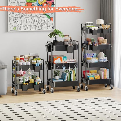 4 Tier Rolling Cart Metal with Wheels, Black Four Tiered Rolling Storage Cart on Wheels, Utility Roller Carts Organizer for Art, Craft, Baby Diaper Caddy, Snack, Book, Large-Capacity Shelving Units