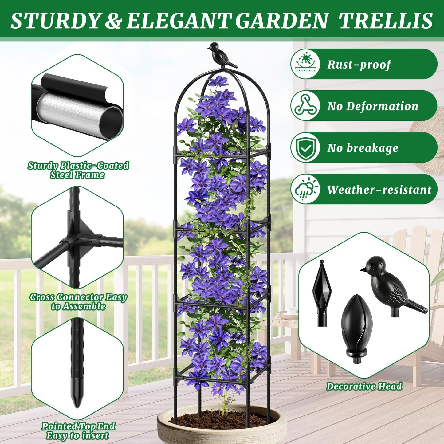 Fabulas Garden Obelisk Trellis for Climbing Plants Outdoor, 6 Ft Rustproof Plastic Coated Metal Vine Plant Trellis Support for Pots, Wisteria, Morning Glory, Clematis, Jasmine, Rose, Tomato, 2 Pack