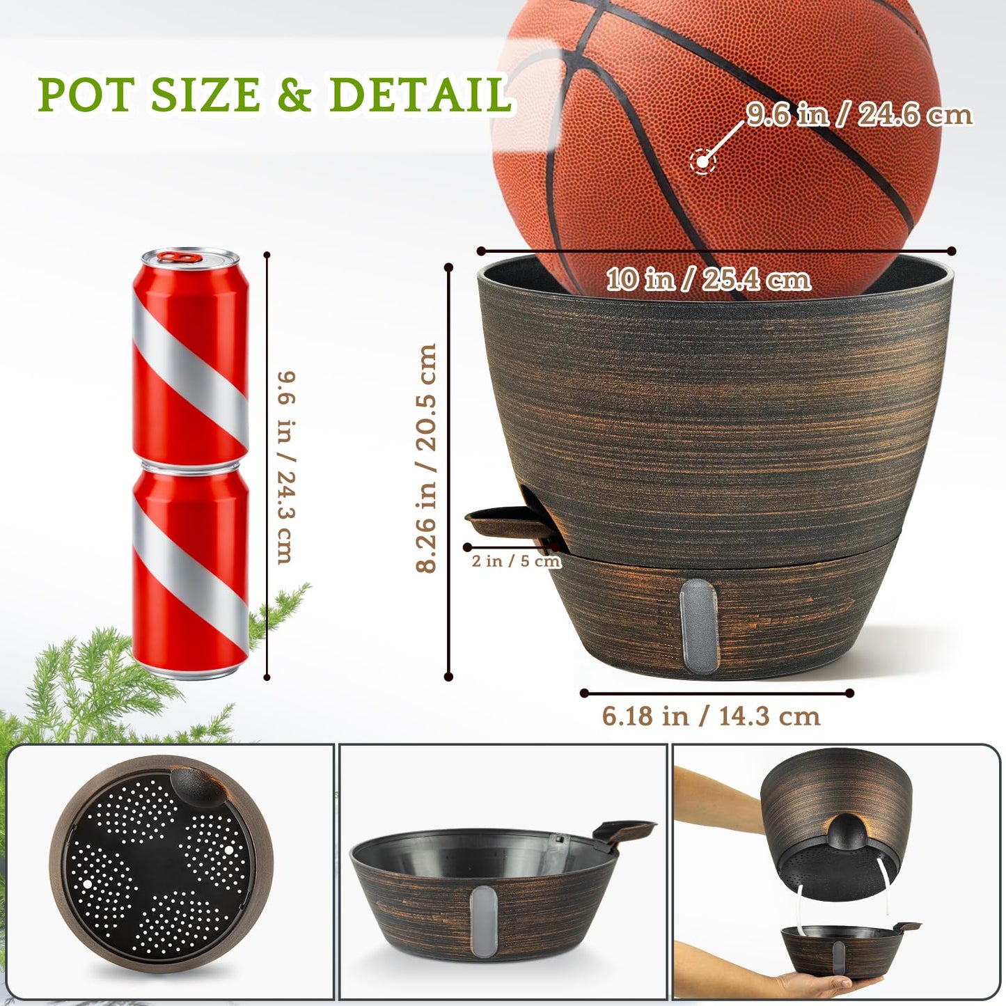 ZMTECH 10 Inch Self Watering Pots for Indoor/Outdoor Plants, Bronze Large Plastic Planter with Water Level Indicator, Drainage Hole & Removable Saucer for Garden Flowers, Deco Plant Container
