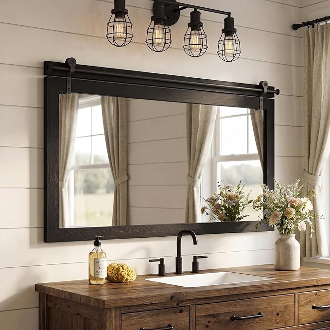 27"x49" Large Black Barn Door Mirror, Solid Wood Framed Accent Wall Mirror