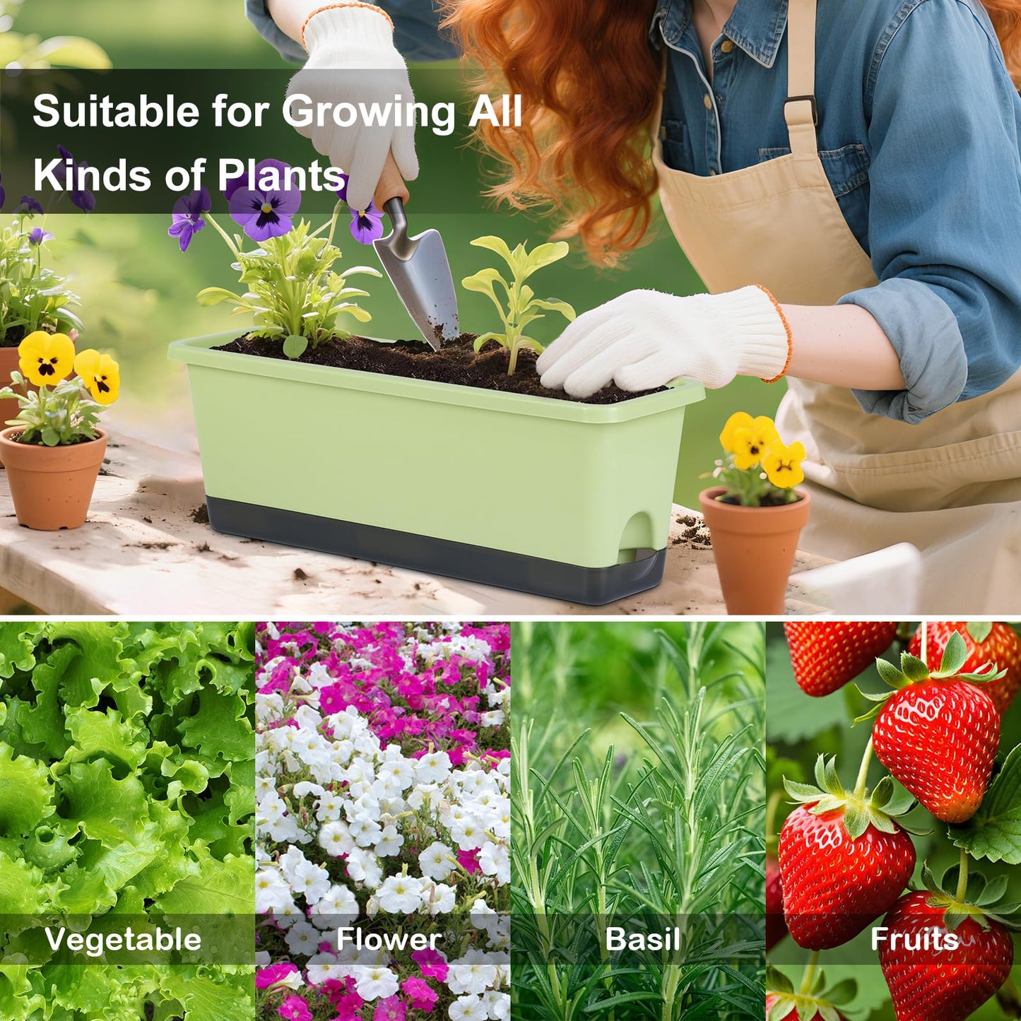 Window Box Planter 4 Packs, 17 Inches Rectangle Flower Pots with Drainage Holes & Trays, Pots for Vegetables, Herbs, Flowers, Garden Windowsill Balcony (Light Green, 17 * 5.1 * 6 inch)
