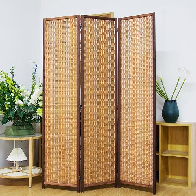 3 Panel Bamboo Room Divider Screen, 5.6 FT Tall Bamboo Divider Folding Panel